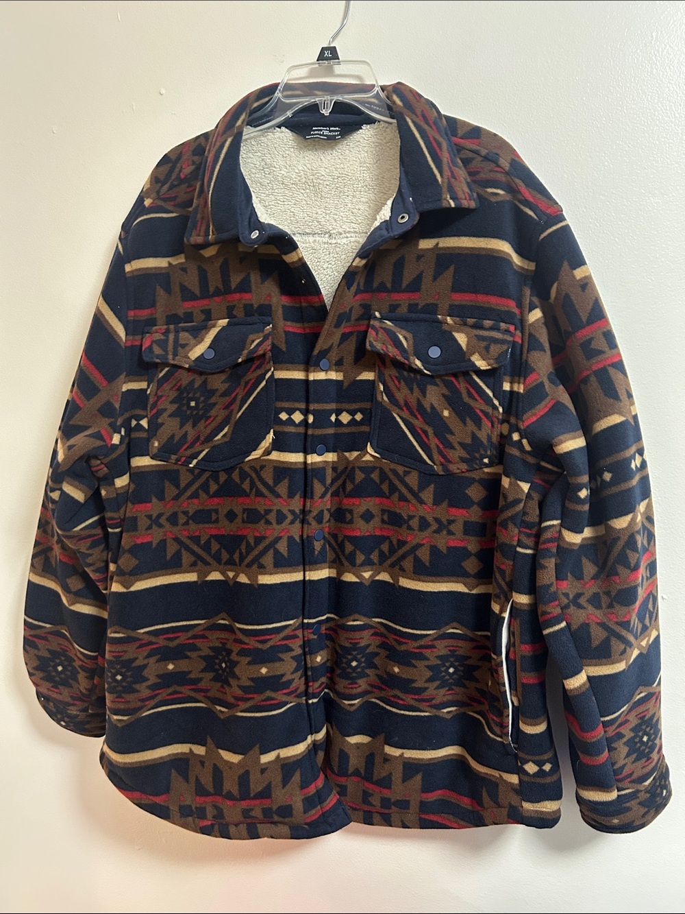 Southwestern Aztec Print Fleece Shacket Sherpa Lined Side Pockets Brown Navy XXL